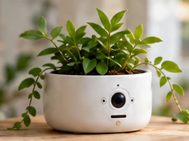 Concept illustration of a planter with a friendly face.