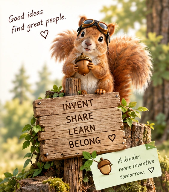 Our illustrated squirrel mascot holding an acorn beside a wooden Invent, Share, Learn, Belong sign.